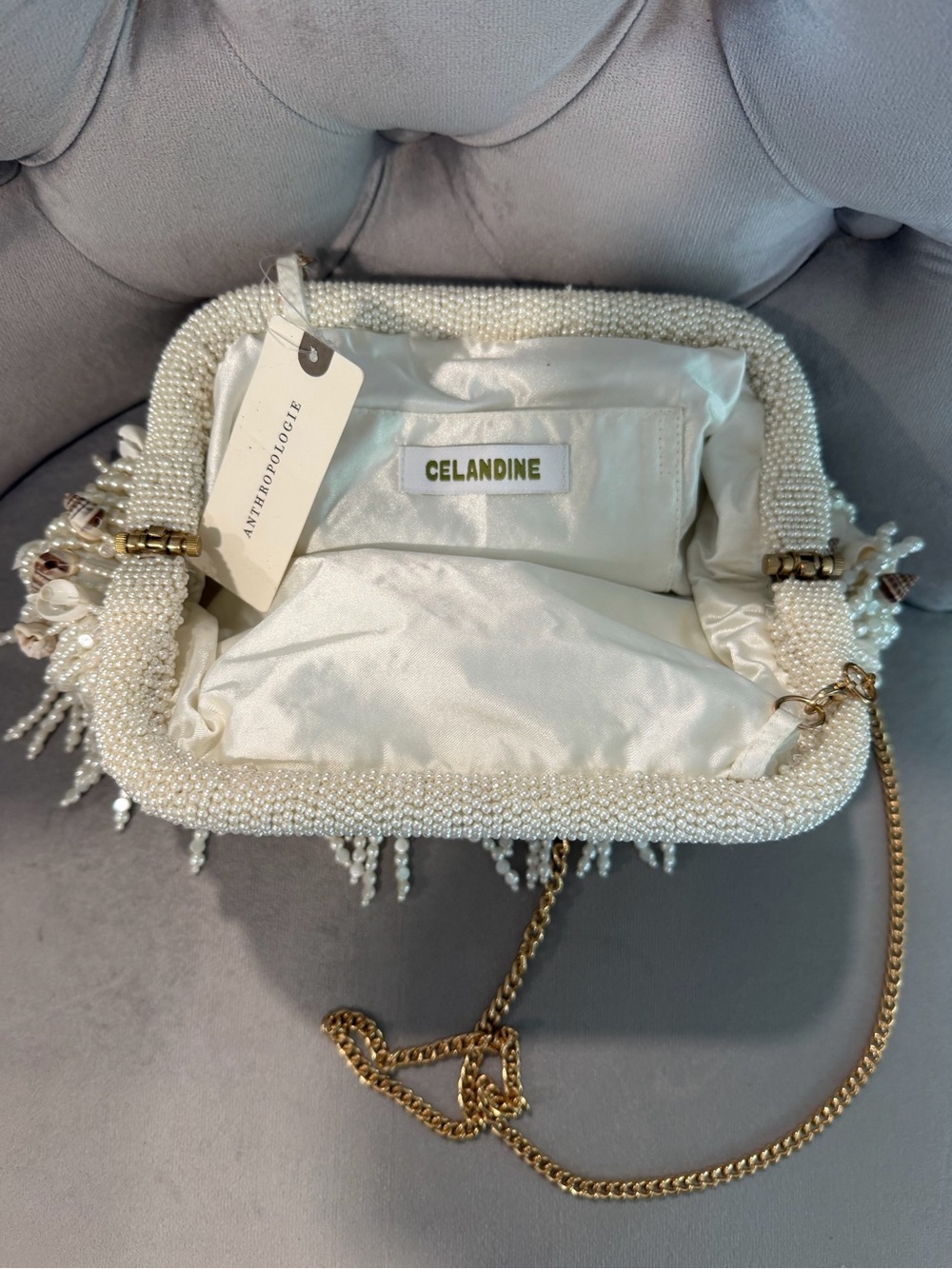 Anthropologie Pearl & Shell Fringe Crossbody Bag - White. BRAND NEW NEVER USED - Picture 3 of 4